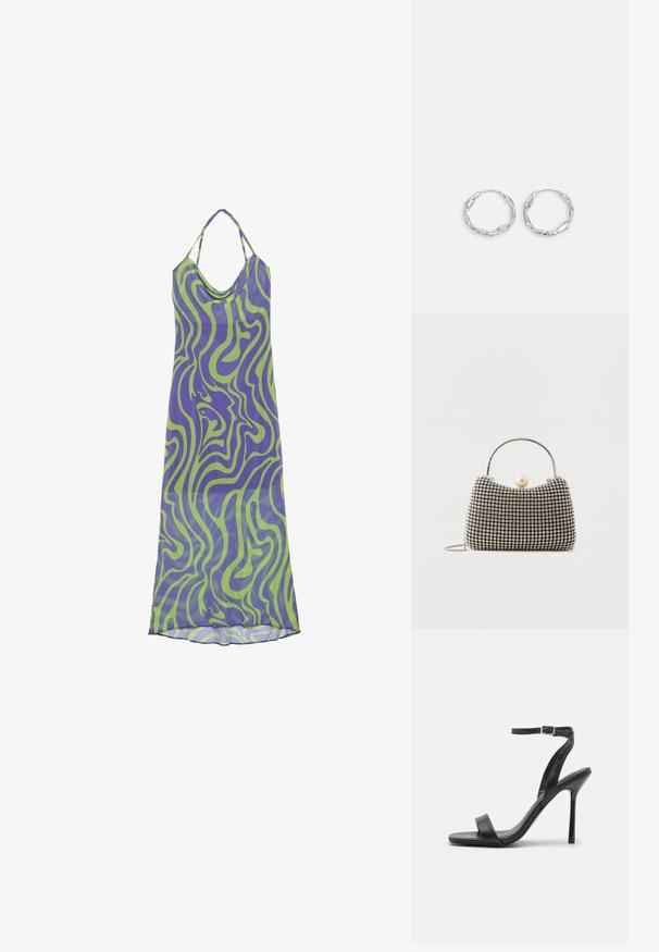 Vestido con patrón de remolinos en púrpura y verde, con escote drapeado y tirantes halter, hecho de una tela ligera, que presenta un diseño largo y fluido.; Sandalia negra de tacón alto con una correa delgada en el tobillo y dos bandas en la parte frontal. Hecha de cuero suave con una punta afilada y tacón de aguja.; Pequeño bolso de mano con patrón de cuadrícula plateada, asa curva, gran cierre de perla y una delgada correa de cadena plateada sobre un fondo liso.; Pendientes de aro plateados con textura ondulada e irregular. Presentan una forma circular delgada y un acabado reflectante.