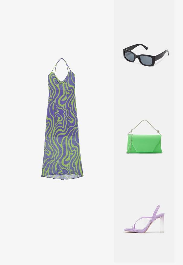 Ein lila und grünes Kleid mit Wirbelmuster, das einen Cowl-Ausschnitt und Halterträger hat. Es besteht aus leichtem Stoff und zeichnet sich durch ein langes, fließendes Design aus.; Lila High Heels Sandalen mit klaren Riemen, quadratischem Zehendesign und transparentem Blockabsatz für moderne ästhetische Anziehung.; Schwarze rechteckige Sonnenbrille mit dunkel getönten Gläsern, dickem Kunstrahmen und breiten Bügeln. Glatte Oberfläche und kantiges Design.; Mascara CB61156 - Clutch - apple