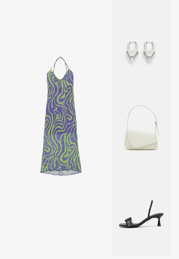 Vestido con patrón de remolinos en púrpura y verde, con escote drapeado y tirantes halter, hecho de una tela ligera, que presenta un diseño largo y fluido.; Sandalia negra de tacón alto con una correa texturizada y detalle decorativo de nudo. Presenta una parte delantera transparente y un tacón cuadrado corto.; Bolso de mano de imitación cuero blanco con una forma triangular estructurada, correa ajustable única y cierre con solapa acentuada en curva.; Candados en forma de corazón de plata con inscripciones grabadas de "SÍ" y "NO", acabado pulido, diseño simétrico y un robusto cierre de metal.