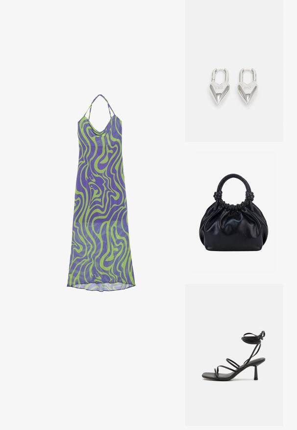 Vestido con patrón de remolinos en púrpura y verde, con escote drapeado y tirantes halter, hecho de una tela ligera, que presenta un diseño largo y fluido.; Sandalia negra de tiras con punta cuadrada, lazos ajustables en el tobillo y un tacón bloque delgado. Fabricada con un material suave y duradero.; Bolso de mano de cuero negro suave con parte superior fruncida y dos asas gruesas atadas en nudos sobre un fondo claro y liso.; Candados en forma de corazón de plata con inscripciones grabadas de "SÍ" y "NO", acabado pulido, diseño simétrico y un robusto cierre de metal.