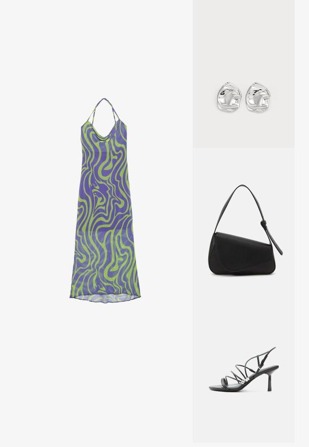 Robe à motif tourbillon violet et vert avec un col drapé et des bretelles halter, en tissu léger, présentant un design long et fluide.; Sandale noire à talon haut avec fines lanières courbées, accents argentés et boucle de cheville réglable sur fond blanc.; Sac à main en cuir noir de forme triangulaire, avec un rabat incliné et une poignée supérieure arrondie. Il présente une texture lisse et des détails de design minimalistes.; Boucles d'oreilles en forme abstraite argentées avec une finition poli, présentant des courbes lisses et des contours subtils. Pas de motifs ou d'accents visibles.