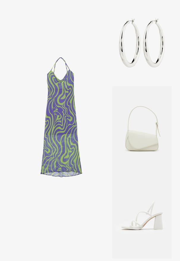 Vestido con patrón de remolinos en púrpura y verde, con escote drapeado y tirantes halter, hecho de una tela ligera, que presenta un diseño largo y fluido.; Sandalias de tacón blanco con cintas delgadas, punta cuadrada y tacón bloque grueso, con una textura suave y un diseño minimalista.; Bolso de mano de imitación cuero blanco con una forma triangular estructurada, correa ajustable única y cierre con solapa acentuada en curva.; Pendientes de aro de plata con una superficie lisa y reflectante. Forma redonda y grande con un cierre seguro en la parte superior. El acabado pulido resalta el brillo.