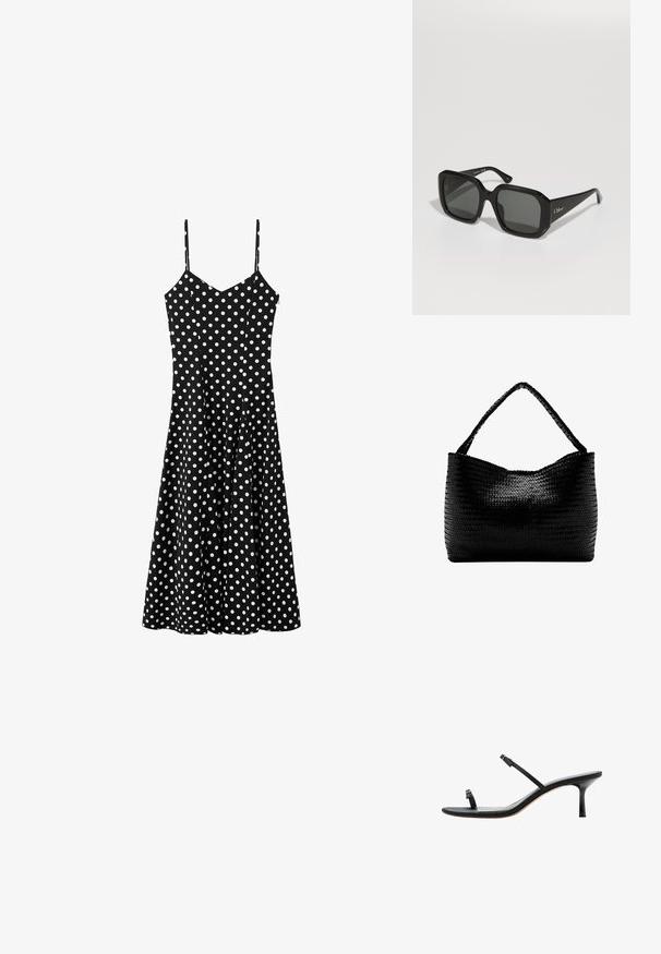 Robe midi noire à pois blancs, bretelles spaghetti et corsage ajusté s'évasant en jupe trapèze.; Sandale noire à talon bas avec de fines lanières sur les orteils et le milieu du pied, dotée d’un petit talon fin et d’un dos ouvert.; Lunettes de soleil noires avec des montures épaisses, verres foncés et logo doré "Chloé" sur le côté. Texture lisse avec un design angulaire.; Sac à main tissé noir avec une anse unique tressée, forme rectangulaire et surface texturée brillante.