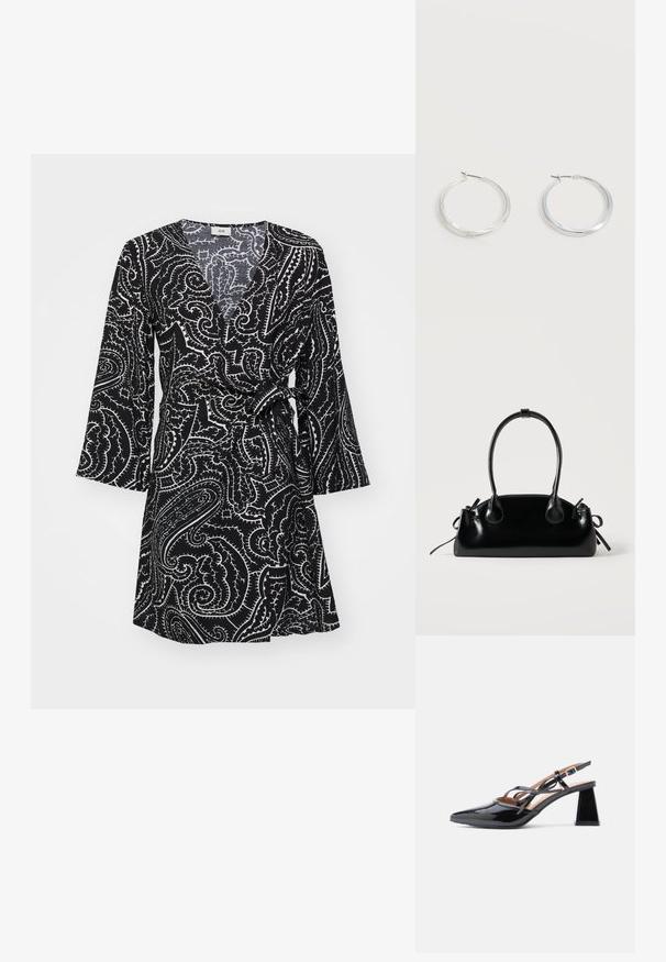 Sort slå-om-kjole med hvid paisley-mønster, V-hals, lange ærmer og bindedetalje i taljen. Fremstillet af et let stof.; Blanke sorte slingback hæle med spids tå og åben design, der har en blokhæl og dekorativ sløjfedetalje på remmen.; Lille sort blank håndtaske med to lange håndtag og snøre-detaljer i siden på en ensfarvet lys baggrund.; Sølvfarvede metaloorringe med glat, let buet overflade og låsemekanisme på en ensfarvet hvid baggrund.