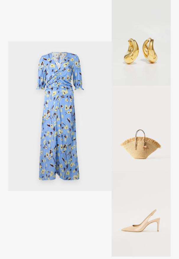 Blå blomster midi-kjole med omslag design, sammensnøret detalje ved taljen og trekvartærmer med elastiske manchetter.; Nude patenteret læder slingback hæl med spidse tæer, åben vamp og en tynd stiletto hæl. Har et cirkulært guldfarvet element på remmen.; Flettet stråtaske med frynset øverste kant, to tan læderhåndtag med spælsdetaljer og en læder kvast som tilbehør.; Guldringeøreringe med en glat, buet form og poleret overflade. Udstyret med en lukkeanordning og lette fordybninger for detaljer.