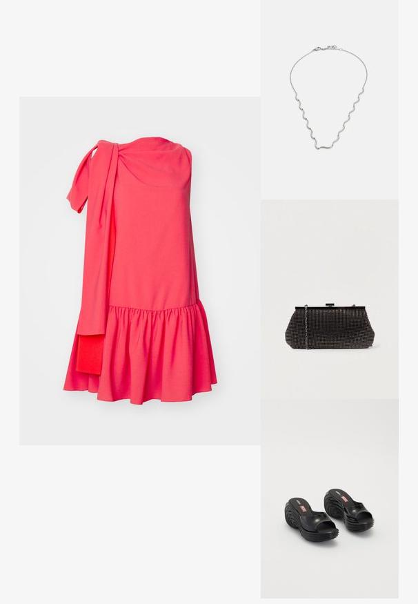 Roksanda SOLENNE DRESS - Juhlamekko - light hibiscus/deep sienna; Melissa MELISSA QUANTUM PLATFORM X DIESEL AD - Rantasandaalit - black; Musta verkko-kotelo, jolla on jämäkkä siluetti, koristeltu pienillä metallinokeilla, varustettu lukituslaitteella ja irrotettavalla ketjuhihnalla.; Hopeaketju, jossa on aaltoilevia lenkkejä pyöristettyine yksityiskohtineen; kiinnitetty hienoon ketjuun, jossa on hummerilukko.