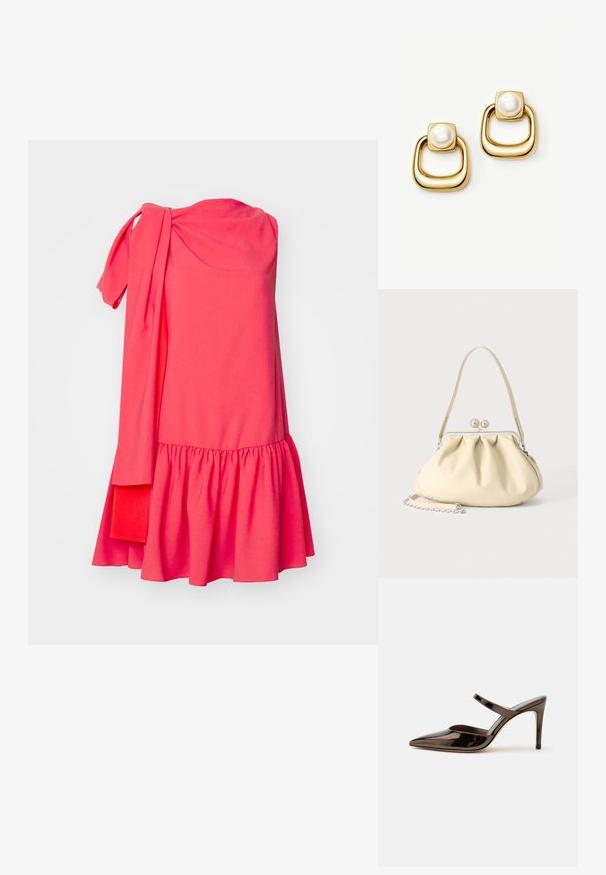 Roksanda SOLENNE DRESS - Kokteilikleit/peokleit - light hibiscus/deep sienna; Sädelevalt tumepruun terava ninaga kõrgete kontsadega sandaal, millel on kitsas rihm jalavõlvi üle, valgel ühevärvilisel taustal.; Kreemjas pehme nahast käekott kogutud disainiga, hõbedane raam-lukk, lühike käepide ja eemaldatav kettaga rihm.; Kullatooni kõrvarõngad, millel on ruudukujulised ülaosad, mis sisaldavad suuri valgeid pärleid, ja nende all paksemad, ümarad, avatud ruudukujulised rõngad.