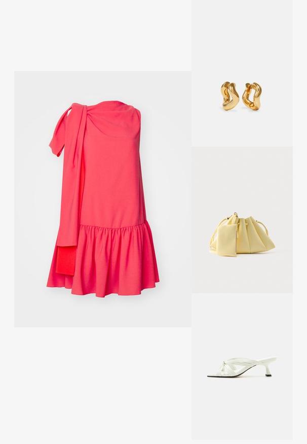 Roksanda SOLENNE DRESS - Kokteilikleit/peokleit - light hibiscus/deep sienna; Valge kontsaga sandaal, millel on sõlmitud mitu õhukest rihma ja peenike keskmise kõrgusega konts tasasel heledal taustal.; Pehme kollase nööriga käekott, mille külge on kinnitatud sobiv väike tõmblukuga kott, valge taustaga.; Kullatoon kaareniid, millel on laineline disain, siledad ja läikivad pinnad ning voolujooneline kuju. Ühtki nähtavat kinnitust pole.