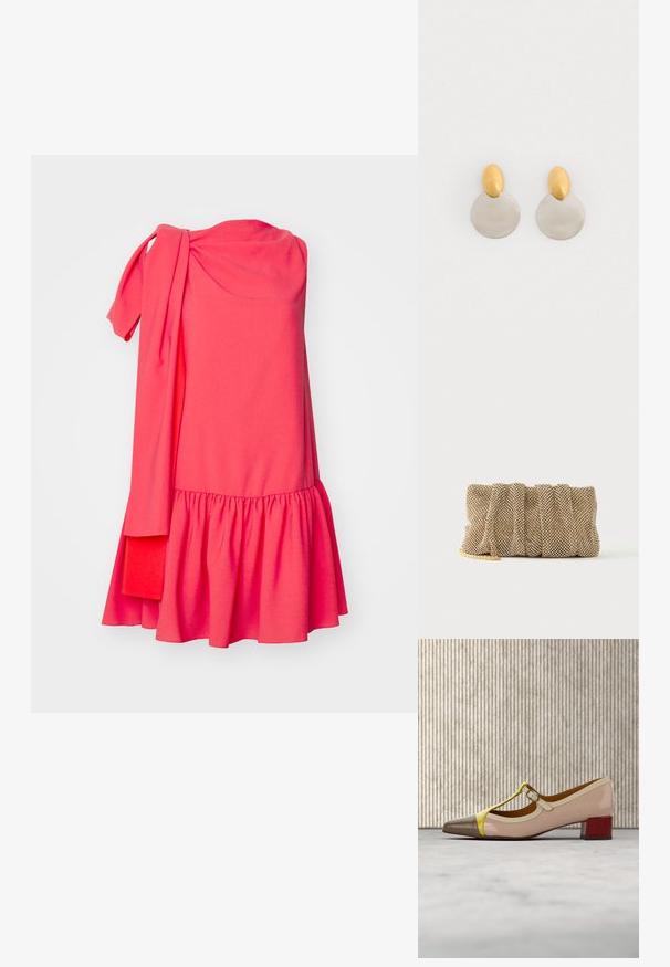 Roksanda SOLENNE DRESS - Cocktailkjole / festkjole - light hibiscus/deep sienna; Beige laklædersko med gule og brune accenter, T-rem design, lille rød hæl og udskåret side. Teksturerede detaljer på stropperne.; Lille gylden mesh clutch taske med et rynket design og en delvist synlig guldkæde på en ensfarvet hvid baggrund.; Guld- og sølvmetalløreringe med en rund skivebund og et ovalt topstykke, glat tekstur og poleret finish.