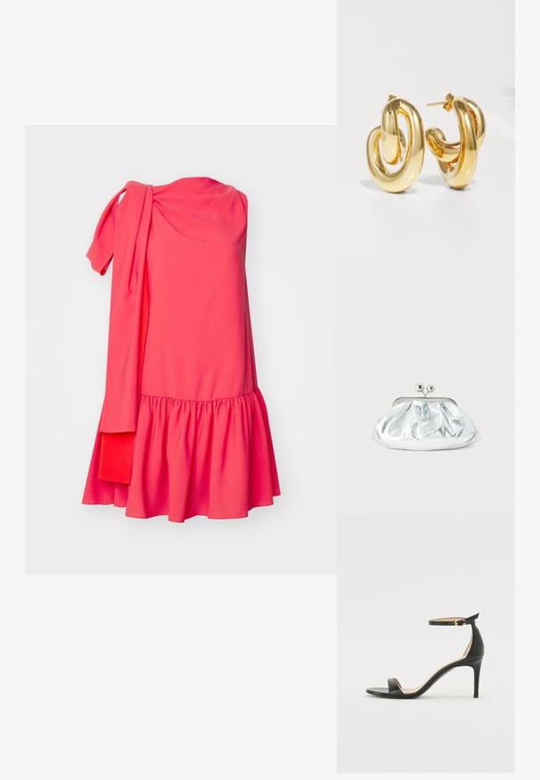 Roksanda SOLENNE DRESS - Kokteilikleit/peokleit - light hibiscus/deep sienna; Must musta kõrgete kontsadega sandaal, millel on pahkluule kinnituv rihm. Omab sileda tekstuuri, avatud varbaosa ning õhukest kontsa. Kuldtooniline pandla detail.; Väike hõbedane metallist õlalõikaja ümarate, volditud detailidega ja sulguriga, millel on kaks hõbedast palli.; Charlotte Chesnais BO INITIAL BLOW - Kõrvarõngad - gold-coloured