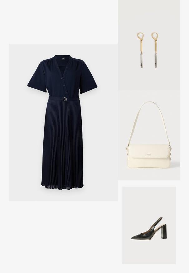 Tummansininen mekko, jossa on lyhyet hihat, napitettava etuosa ja laskostettu hame, joka on kiinnitetty vyöllä, jossa on metallinen solki. Suuri kankaan pinta.; Mustasta nahasta valmistettu naisten slingback-kenkä, jossa on terävä kärki ja paksu korkea lohkokorko valkoisella taustalla.; Kermanvalkoinen nahkainen olkalaukku, jossa on läppäkiinnitys, hopeiset metalliosat, säädettävä yksittäinen olkahihna ja hillitty logon koriste.; Kultaiset ja hopeiset nappikorvakorut vipuluukulla, joissa kultainen tanko on yhdistetty hopeiseen tankoon, johon on kaiverrettu "DKNY" valkoisella taustalla.
