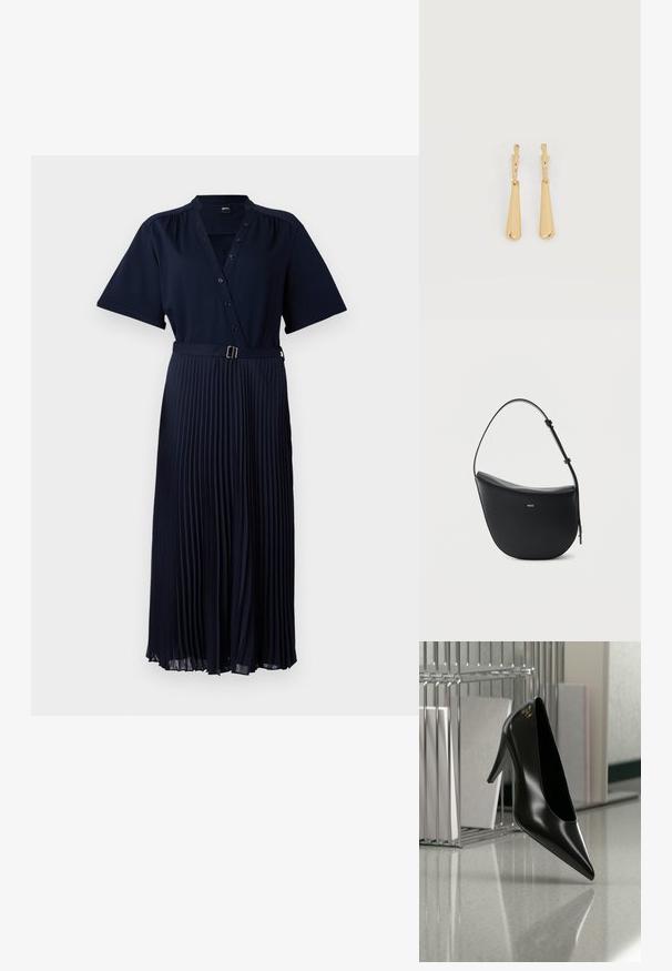 Robe bleu marine à manches courtes, avec un devant à boutons et une jupe plissée maintenue par une ceinture avec une boucle en métal. Texture de tissu lisse.; Chaussure noire à talon haut avec bout pointu et logo doré, posée sur une surface réfléchissante près d'un organiseur de dossiers en fil chromé contenant des documents.; Sac à bandoulière en cuir noir en forme de demi-lune avec une bandoulière réglable et le logo doré « BOSS » centré sur le devant.; Boucles d'oreilles pendantes en ton or avec des pendentifs lisses en forme de goutte allongée suspendus à de petites attaches en forme d'anneau sur un fond blanc.