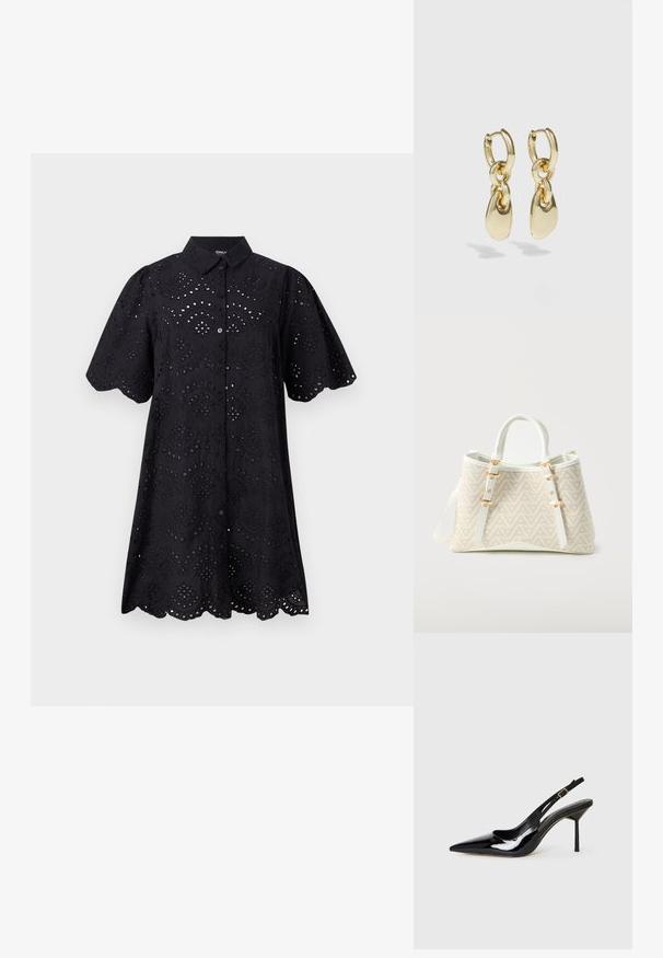 Zwarte shirtjurk met korte mouwen, voorzien van geborduurd oogjespatroon, golfzoom en knoopsluiting aan de voorkant. Zachte stof met een gestructureerde afwerking.; Zwarte gepatineerde leren spitse slingback stiletto hak schoen met een dunne band en gouden gesp op een witte achtergrond.; Beige en witte handtas met geometrisch patroon, twee witte handvatten, verstelbare banden en goudkleurige gespsdetails, weergegeven op een witte achtergrond.; Gouden creolen met een verbonden ontwerp en een gladde, druppelvormige accent. De reflecterende afwerking vergroot de visuele aantrekkingskracht.
