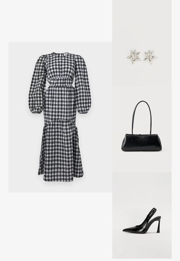 Zwart-wit geblokte jurk met lange pofmouwen, een aansluitende taille en een gelaagde rok. Gemaakt van lichtgewicht stof. Ronde halslijn.; Zwarte gepatineerde leren slingback pump met puntige neus, slanke hoge hak en dubbele elastische band voor een veilige pasvorm. Gladde, glanzende oppervlakte.; Zwarte rechthoekige schoudertas met lange dunne banden en een gladde, glanzende textuur op een effen achtergrond.; Zilverkleurige stervormige oorringen met een gladde, gepolijste afwerking op een effen witte achtergrond.