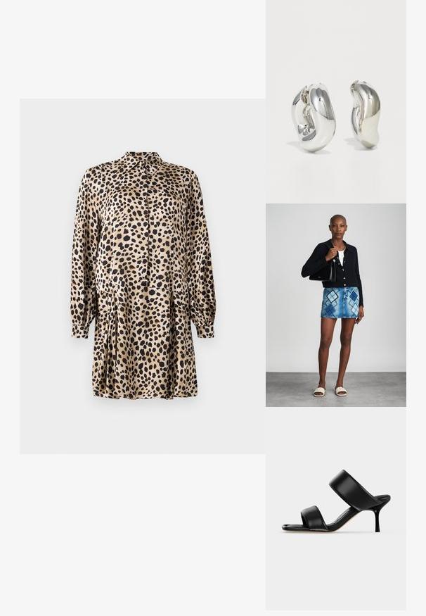 Leopardprint kjole lavet af glat stof, med knaplukning foran, lange ærmer og en plisseret nederdel med klassisk krave.; Sort læder mule sandal med to brede remme og en slank mellemhøj stiletthæl på en ensartet lys baggrund.; Sort striktrøje, hvid top, denimnederdel med blå og sort diamantmønster, sort håndtaske og beige slidesandaler.; Sølvskulpturelle øreringe med glatte, buede former og reflekterende overflader. Har et lukket hoop-design og en markant organisk form.