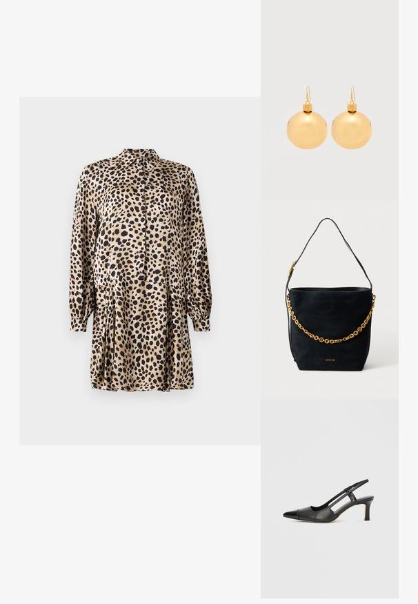 Leopardprint kjole lavet af glat stof, med knaplukning foran, lange ærmer og en plisseret nederdel med klassisk krave.; Sort læder slingback-sko med spids tå, der har en blank accent på tåhætten og en mellemhøj hæl. Åben sidesektion.; Sort ruskind bucket-tasker med guldkæde og tynd skulderrem, lille "Michael Kors" logo i guld nederst i midten.; Par af skinnende gyldne julekugleøreringe med krog-lukninger på en ensfarvet hvid baggrund.