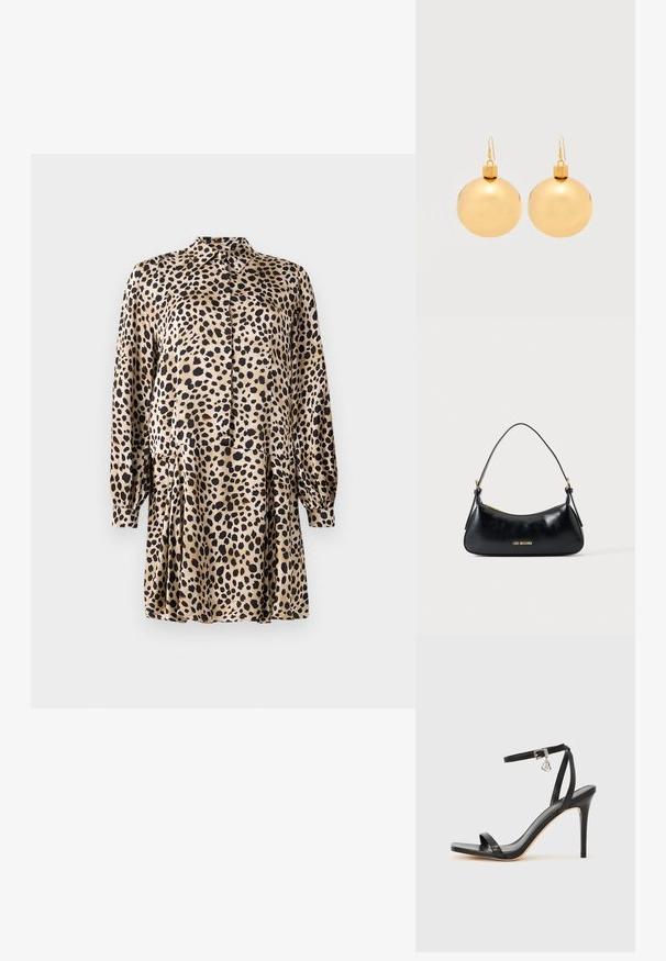 Leopardprint jurk van gladde stof, met een knoopsluiting aan de voorkant, lange mouwen en een geplooide rok met een klassieke kraag.; Zwarte sandaal met hoge hak, smalle enkelband, vierkante neus, soepel leermateriaal en metalen gespsluiting.; Zwarte leren schoudertas met gouden rits en "LOVE MOSCHINO" logo aan de voorkant, voorzien van een gebogen bovenhengsel.; Een paar glanzende gouden kerstbal-oorbellen met haaksluitingen op een effen witte achtergrond.