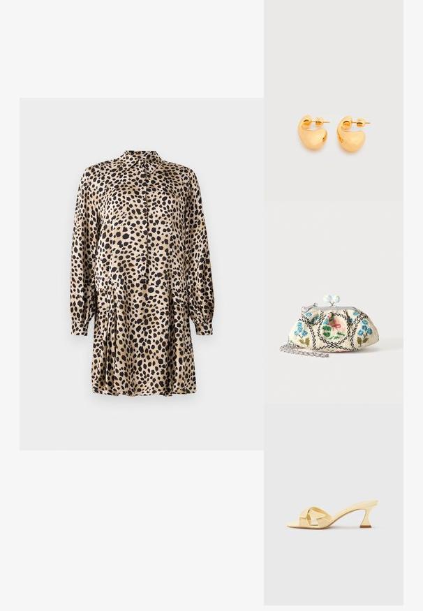Leopardprint kjole lavet af glat stof, med knaplukning foran, lange ærmer og en plisseret nederdel med klassisk krave.; Beige mule-sandal med åben tå, mellemhøj buet hæl og overlappende stroppedesign på en ensfarvet lys baggrund.; Lille stofpung med blomsterperlebroderi, metalramme og sølvkæde på en ensartet lys baggrund.; Par af små, robuste ørestikker i guldfarvet metal med glatte, buede, abstrakte former på en lys baggrund.