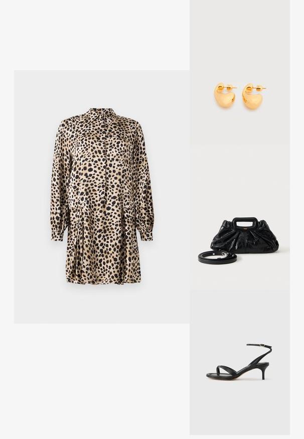 Leopardprint kjole lavet af glat stof, med knaplukning foran, lange ærmer og en plisseret nederdel med klassisk krave.; Sort damesandal i læder med tynde remme, en tå-loop, ankelspænde og en mellemhøj stiletthæl på en neutral baggrund.; Lille sort læderhåndtaske med rynket tekstur, rektangulært håndtag og aftagelig tynd skulderrem placeret ved siden af.; Par af små, robuste ørestikker i guldfarvet metal med glatte, buede, abstrakte former på en lys baggrund.