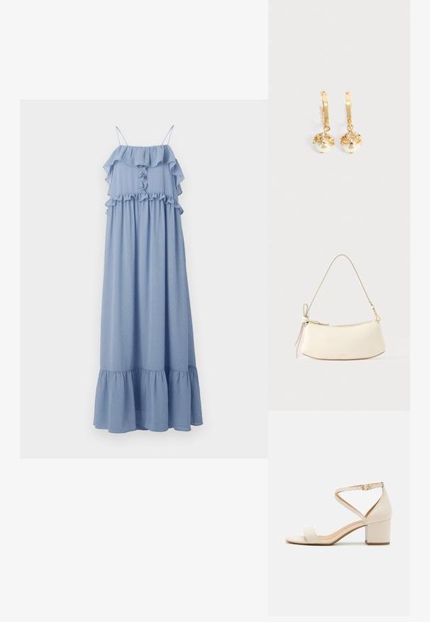 Hofmann Copenhagen CECILY - Maxi-jurk - lavender blue; Beige blokhak sandalen met een minimalistisch ontwerp, open neus en verstelbare enkelriem met een gouden gesp detail. Zachte textuur.; Witte leren schoudertas met een gebogen ontwerp, gouden accenten en een gestrikte band. Soepele textuur, ritssluiting aan de bovenkant.; Gouden oorringen met hangende witte parels omhuld met goud en kleine heldere kristallen op een effen lichte achtergrond.