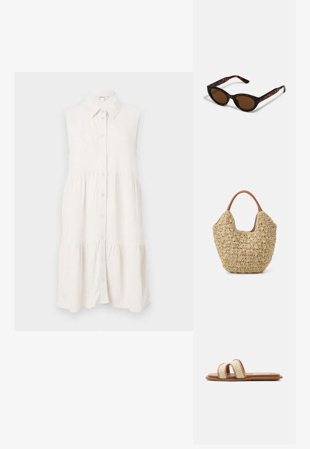 Robe sans manches, à boutons, en lin beige clair, avec un col et une jupe à volants pour un style décontracté. Le tissu texturé ajoute une touche de détail subtil.; Sandale plate marron avec deux brides beiges tissées et un design à bout ouvert sur un fond clair uni.; Lunettes de soleil en écaille de tortue marron avec une forme vintage de lunettes cat-eye et des verres marron. Présente des branches courbées avec des accents rouges.; Sac fourre-tout en paille tissée avec une texture naturelle et une forme douce et organique, doté de poignées en cuir brun pour un transport facile.