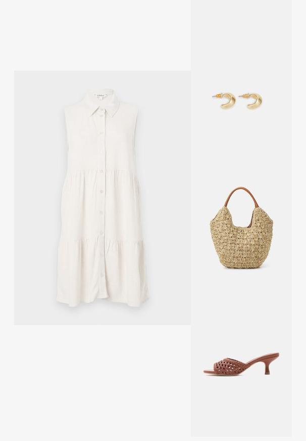 Robe sans manches, à boutons, en lin beige clair, avec un col et une jupe à volants pour un style décontracté. Le tissu texturé ajoute une touche de détail subtil.; Mule ouverte tressée marron avec talon kitten mi-hauteur et design à enfiler sur fond blanc.; Sac fourre-tout en paille tissée avec une texture naturelle et une forme douce et organique, doté de poignées en cuir brun pour un transport facile.; Boucles d'oreilles en forme de croissant en or avec une finition lisse, présentant des accents orange près du clou et un matériel en argent.