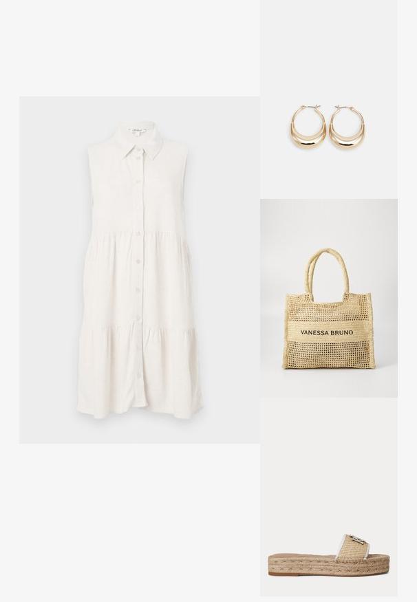 Robe sans manches, à boutons, en lin beige clair, avec un col et une jupe à volants pour un style décontracté. Le tissu texturé ajoute une touche de détail subtil.; Sandale plate à enfiler avec semelle plateforme en jute tressée et bride beige texturée ornée d'un petit emblème décoratif en argent.; Sac fourre-tout tissé beige avec deux poignées et "VANESSA BRUNO" imprimé en noir sur un panneau tissé solide au centre.; Boucles d'oreilles créoles dorées en forme de croissant, avec une surface polie et un fermoir à charnière. La texture lisse et la finition réfléchissante améliorent la visibilité.