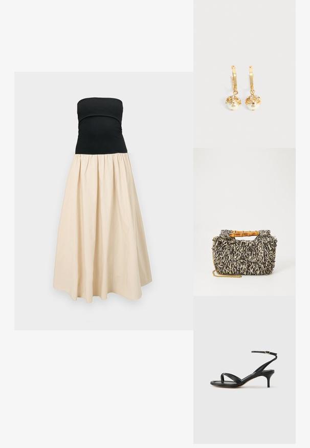 Robe bustier avec corsage noir ajusté et jupe crème pleine et froncée, présentée sur un fond clair uni.; Sandale pour femme en cuir noir avec fines lanières, une boucle d'orteil, une boucle à la cheville et un talon aiguille de hauteur moyenne sur un fond neutre.; Sac tissé avec un motif texturé noir et crème, une poignée en bambou et une bandoulière en chaîne dorée amovible. Forme rectangulaire compacte.; Boucles d'oreilles créoles en or avec des perles blanches pendantes serties d'or et de petits cristaux clairs sur un fond clair uni.