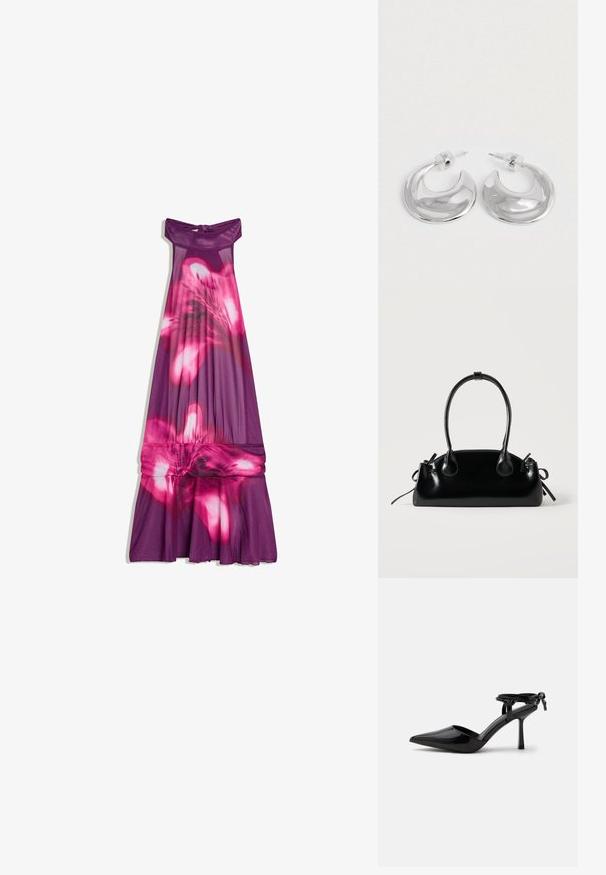 Robe maxi violette sans manches avec un col halter et un grand motif floral rose qui s'étend sur le tissu.; Chaussure à talon haut en cuir verni noir avec bout pointu et bride de cheville nouée à l'arrière, présentée sur un fond blanc uni.; Petit sac à main noir brillant avec deux longues anses et des détails à cordon sur les côtés sur un fond clair uni.; Une paire de boucles d'oreilles en croissant argenté poli avec des supports en plastique transparent sur une surface blanche.