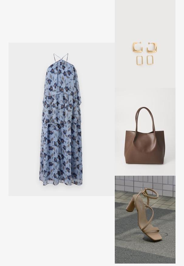Robe sans manches en tissu bleu clair avec un imprimé floral bleu marine et marron. Elle possède de fines bretelles et une silhouette fluide.; Sandale à talon haut beige avec lanières et talon bloc flottant au-dessus d'une surface en asphalte près d'un mur carrelé en arrière-plan.; Sac en cuir marron avec deux longues poignées, forme structurée, texture lisse et design minimaliste. Aucun matériel ni accent visible.; Deux paires de Boucles d'oreilles créoles géométriques dorées sur une surface blanche unie, une paire carrée et pleine, une paire rectangulaire et creuse.