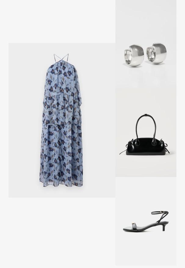 Robe sans manches en tissu bleu clair avec un imprimé floral bleu marine et marron. Elle possède de fines bretelles et une silhouette fluide.; Sandale noire en cuir à bout ouvert avec petit talon kitten, fine bride de cheville avec boucle dorée et accent décoratif doré sur la bride avant.; Petit sac à main noir brillant avec deux longues anses et des détails à cordon sur les côtés sur un fond clair uni.; Uncommon Matters SCULPTURAL LARGE CREOLE - Boucles d'oreilles - silver-coloured