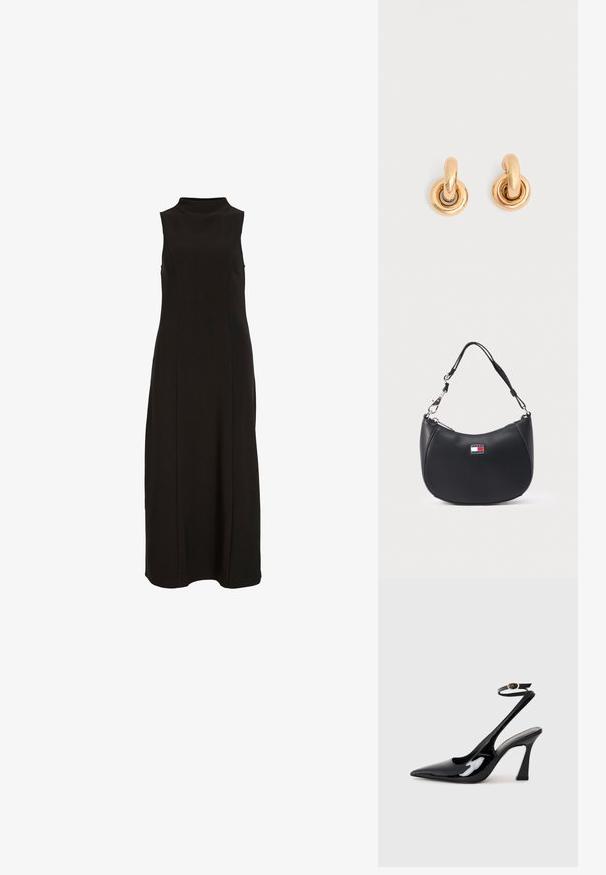 Schwarzes, ärmelloses Maxikleid mit hohem Kragen und einer geraden, figurbetonten Silhouette.; Schwarze Lackleder-Slingbacks mit spitz zulaufender Zehenpartie, verstellbarem Knöchelriemen und moderatem Blockabsatz. Glatte Textur mit glänzender Oberfläche.; Schwarze Leder-Schultertasche mit geschwungener Form, silberner Hardware und einem auffälligen Logopatch in Blau, Rot und Weiß.; Paar glänzende goldene Creolen mit dicken runden Gliedern auf schlichtem hellgrauem Hintergrund.