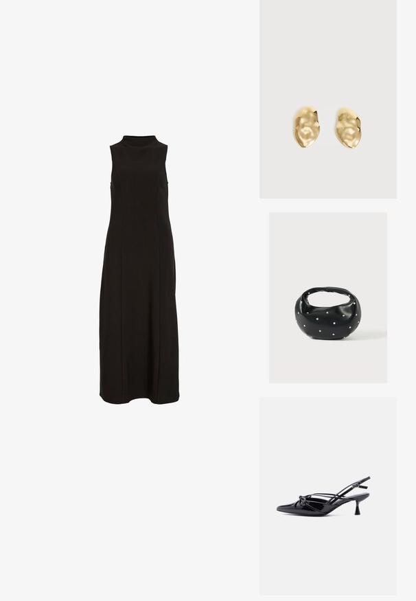 Schwarzes, ärmelloses Maxikleid mit hohem Kragen und einer geraden, figurbetonten Silhouette.; Schwarzer Slingback-Pumps aus Lackleder mit spitzer Zehenpartie, niedrigem Kitten-Heel und dekorativer, geknoteter Schleife vorne.; Schwarze Lederhandtasche mit abgerundeter Form, verziert mit silbernen Nietenakzenten und kurzem Griff. Glatte Struktur und Reißverschlussverschluss.; Paar glänzende, unregelmäßig geformte Ohrstecker aus Goldmetall mit zerknitterter, glatter Oberfläche auf schlichtem hellem Hintergrund.