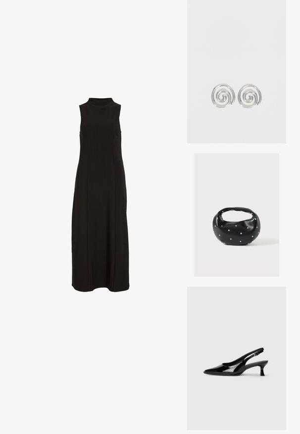 Zwarte mouwloze maxi-jurk met hoge halslijn en een rechte, nauwsluitende silhoette.; Zwarte lakleren slingback schoenen met een spitse neus en een lage blokhak. Verstelbare gespband bij de enkel.; Zwarte leren handtas met een afgeronde vorm, versierd met zilveren studs, en een korte handgreep. Gladde textuur en ritsluiting.; Een paar zilveren spiraalvormige oorringen met een glad, afgerond ontwerp op een effen witte achtergrond.