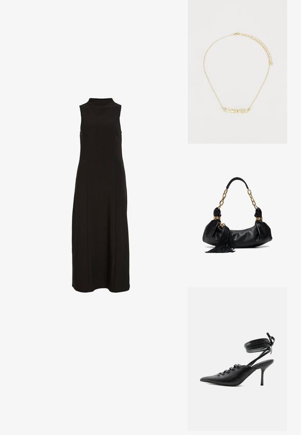 Schwarzes, ärmelloses Maxikleid mit hohem Kragen und einer geraden, figurbetonten Silhouette.; Schwarzer spitzer High-Heel-Schuh mit Schnürung vorne und wickelnden Knöchelriemen, die zu einer Schleife gebunden sind, von der Seite auf weißem Hintergrund gezeigt.; Schwarze Lederhandtasche mit goldfarbenem Kettenriemen, goldfarbenen Ringdetails und schwarzem Lederquasten-Detail vor weißem Hintergrund.; Goldfarbener Halsreifen mit dem Wort "SKORPION" und klaren Steinakzenten. Leichte Kette mit einem Karabinerverschluss und verstellbarer Länge.