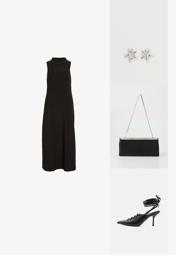 Schwarzes, ärmelloses Maxikleid mit hohem Kragen und einer geraden, figurbetonten Silhouette.; Schwarzer spitzer High-Heel-Schuh mit Schnürung vorne und wickelnden Knöchelriemen, die zu einer Schleife gebunden sind, von der Seite auf weißem Hintergrund gezeigt.; Schwarze Leder-Clutch mit einem silbernen Metallkette-Griff und einer eleganten rechteckigen Form. Mattes Finish und minimalistisches Design mit einem metallischen Akzent.; Silberne, sternförmige Creolen mit einer glatten, polierten Oberfläche auf weißem, schlichtem Hintergrund.