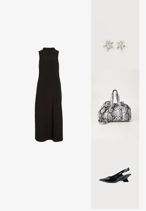 Sort langærmet maxikjole med høj halsudskæring og en lige, tætsiddende silhuet.; Sort laklæder slingback sko med spids tå og lav vinklet blokhæl på ensartet lys baggrund.; Håndtaske med sort og hvid slidmønster, to håndtag, snøre lukning og aftagelig skulderrem. Glat tekstur.; Sølv stjerneformede øreringe med en glat, poleret finish på en ensfarvet hvid baggrund.