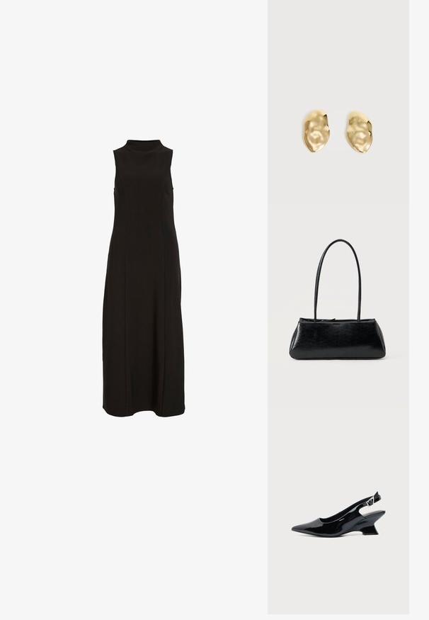Zwarte mouwloze maxi-jurk met hoge halslijn en een rechte, nauwsluitende silhoette.; Zwarte lakleren slingback schoen met spitse neus en lage schuine blokhak op een effen lichte achtergrond.; Zwarte rechthoekige schoudertas met lange dunne banden en een gladde, glanzende textuur op een effen achtergrond.; Een paar glanzende, onregelmatig gevormde gouden metalen oorbellen met een gekreukeld, glad oppervlak op een effen lichte achtergrond.