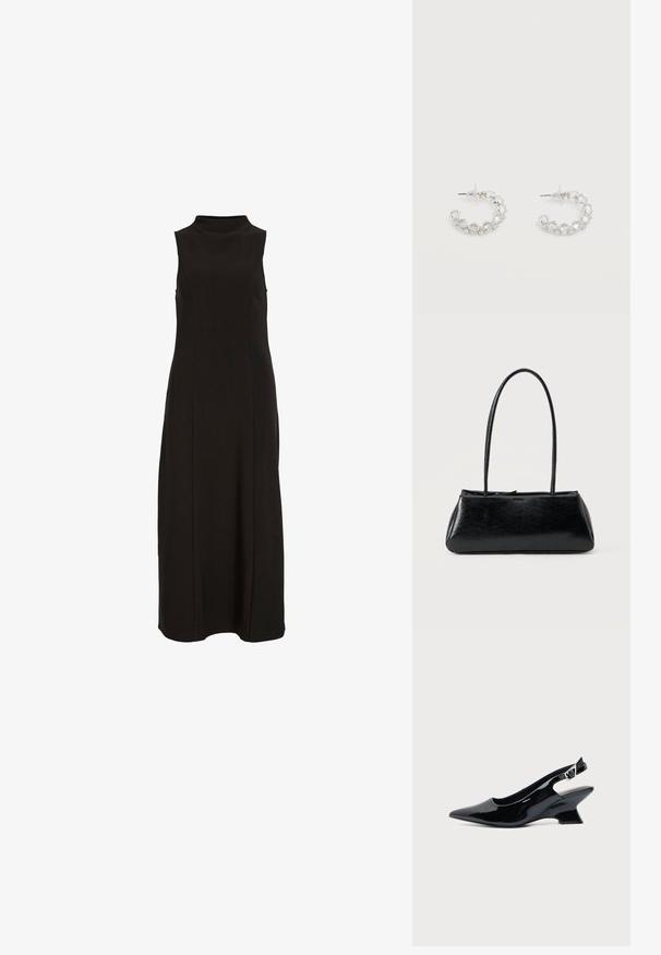 Zwarte mouwloze maxi-jurk met hoge halslijn en een rechte, nauwsluitende silhoette.; Even&Odd REENA - Sleehakken - black; Zwarte rechthoekige schoudertas met lange dunne banden en een gladde, glanzende textuur op een effen achtergrond.; Zilveren oorringen met open ronde vorm, bezet met heldere gefacetteerde kristallen, met postbevestigingen en transparante oorstoppers op een witte achtergrond.