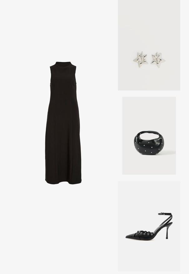 Schwarzes, ärmelloses Maxikleid mit hohem Kragen und einer geraden, figurbetonten Silhouette.; Schwarzer, spitzer High-Heel-Schuh mit geschwungenen Kanten, Metallösen, Schnürung vorne und Knöchelriemen mit Schnallverschluss.; Schwarze Lederhandtasche mit abgerundeter Form, verziert mit silbernen Nietenakzenten und kurzem Griff. Glatte Struktur und Reißverschlussverschluss.; Silberne, sternförmige Creolen mit einer glatten, polierten Oberfläche auf weißem, schlichtem Hintergrund.