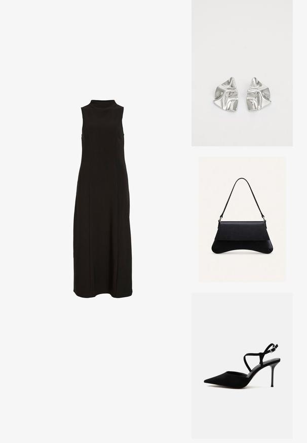 Vestido maxi negro sin mangas con cuello alto y una silueta recta y ajustada.; Zapato de tacón alto negro de punta estrecha con tacón de aguja delgado y finas tiras en el tobillo con hebilla plateada sobre fondo blanco.; Bolso de cuero negro con fondo curvo, cierre de solapa y una sola correa fina para el hombro, sobre un fondo claro y liso.; Pendientes de metal plateado con un diseño ondulado y escultórico, que presentan un acabado pulido y formas irregulares, destacando una estética contemporánea.