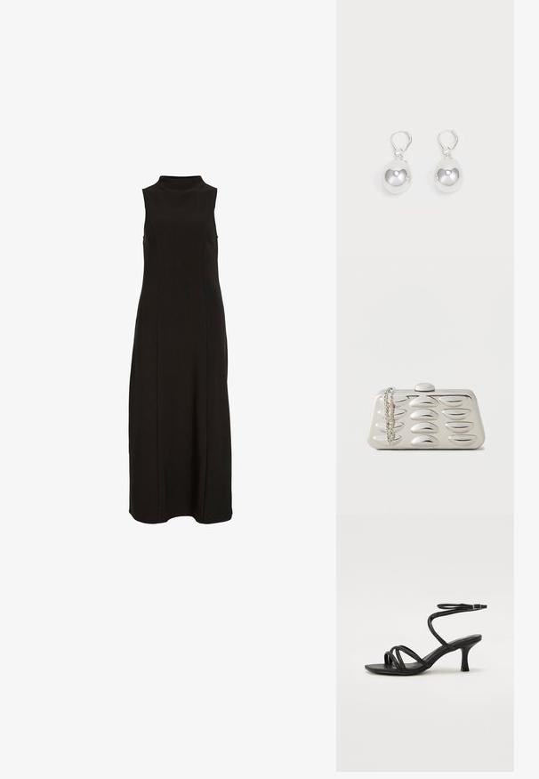 Schwarzes, ärmelloses Maxikleid mit hohem Kragen und einer geraden, figurbetonten Silhouette.; Even&Odd Wide Fit Riemensandalette - black; Rechteckige silberne Clutch mit erhabenen ovalen Mustern auf der Vorderseite und einer silbernen Kette, die an einer Ecke auf einem einfarbigen Hintergrund liegt.; Silberne Tropfenohrringe mit glatten, runden, reflektierenden Oberflächen, die an Hakenverschlüssen hängen. Der Hintergrund ist reinweiß.