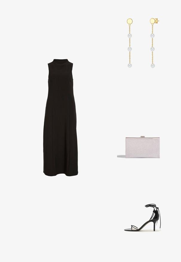 Schwarzes, ärmelloses Maxikleid mit hohem Kragen und einer geraden, figurbetonten Silhouette.; Schwarze Sandalette mit dünnen Riemchen, Knöchelband und mittelhohem Stilettabsatz auf weißem Hintergrund.; Silberner Glitzer-Clutch mit einer eleganten rechteckigen Form, Metallverschluss und glatter Textur. Minimalistisches Design.; Goldfarbene Metallohrringe mit einem runden Stecker, an dem drei herabhängende weiße Perlen durch eine zarte Kette verbunden sind.