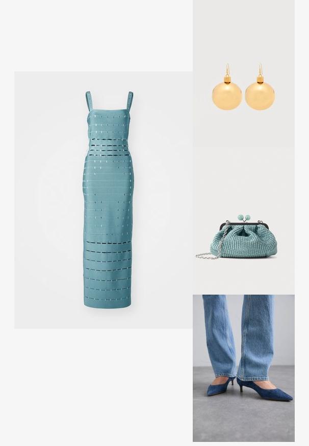 En turkise ærmeløs kjole med vandrette og lodrette udskæringer samt metallic detaljer, skræddersyet til en tætsiddende silhuet.; Blå ruskinds kitten heels med spidse tæer og en lav hæl, parret med lyseblå denim jeans med lige ben.; Lille lyseblå vævet clutchtaske med en sølvkæde og rund lukning på toppen.; Par af skinnende gyldne julekugleøreringe med krog-lukninger på en ensfarvet hvid baggrund.