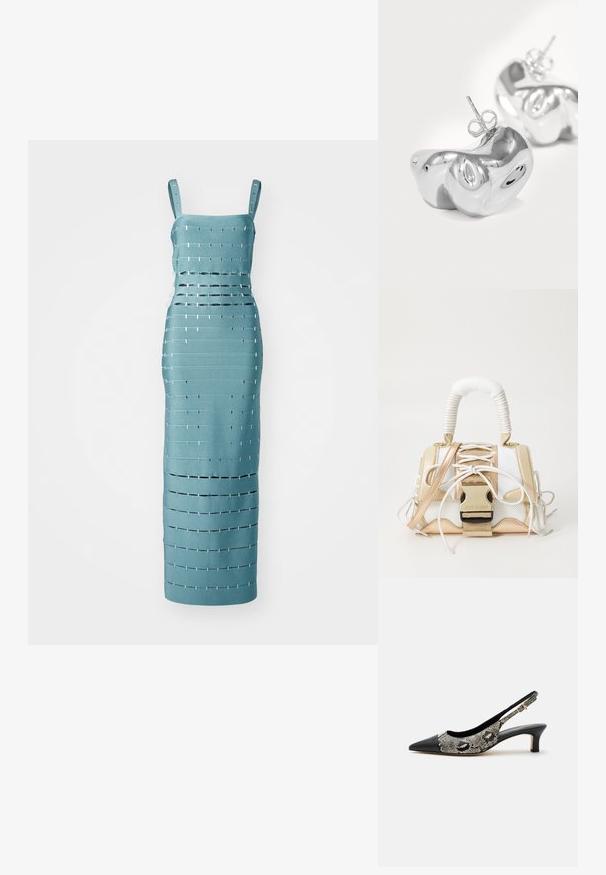 En turkise ærmeløs kjole med vandrette og lodrette udskæringer samt metallic detaljer, skræddersyet til en tætsiddende silhuet.; Sort spids slingback-sko med lav kittenhæl og overdel i slangeprint med en lille guldbeklædt spændelukning på remmen.; Håndtaske med hvid mesh og cremefarvet kunstlæder, guld accenter og en karakteristisk spænde lukning. Dobbelt håndtag med tekstureret greb.; Sølv metal øreringe med en blank overflade, med en abstrakt form der ligner en figur med en lille stud bagside.