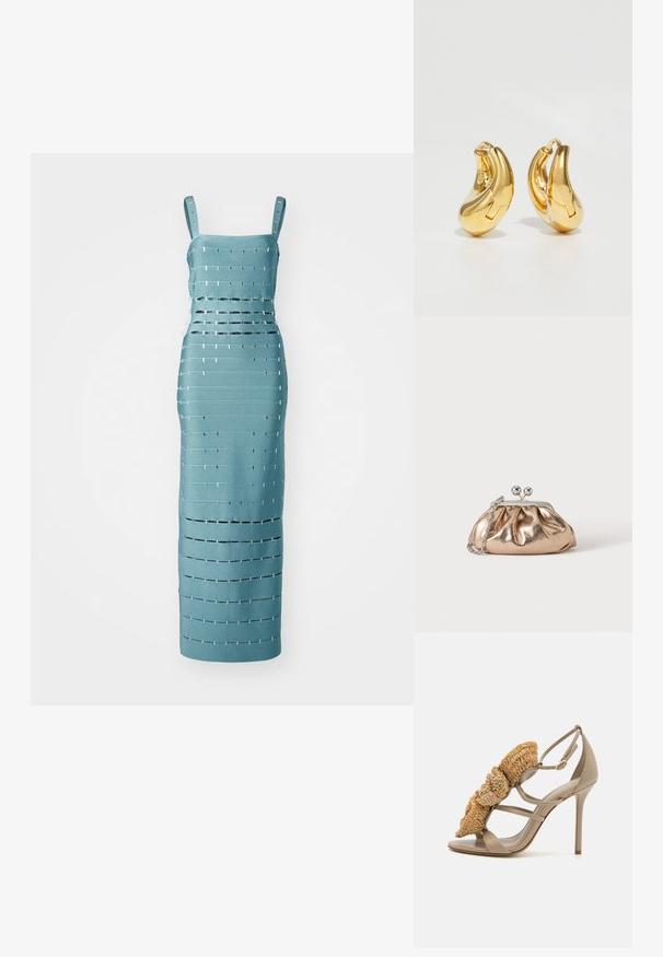 En turkise ærmeløs kjole med vandrette og lodrette udskæringer samt metallic detaljer, skræddersyet til en tætsiddende silhuet.; Beige stiletto sandal med en vævet strådetalje på forsiden, med rem-design og lukket bag. Glat læderoverdel og sål.; Lille gylden metalisk clutch taske med sølvspænde og kæderem på ensartet lyst baggrund.; Guldringeøreringe med en glat, buet form og poleret overflade. Udstyret med en lukkeanordning og lette fordybninger for detaljer.