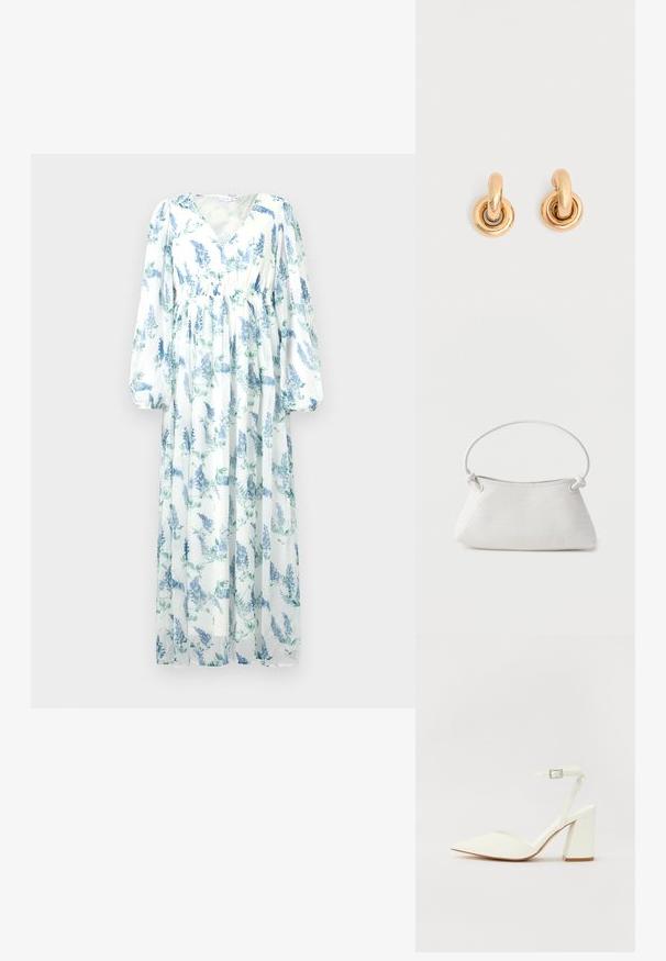 Robe longue et fluide en tissu transparent. Présente une base blanche avec des motifs floraux bleus, un décolleté en V et de longues manches amples.; Sandale blanche à talon avec un bout pointu, sangle de cheville réglable et un talon carré épais. Texture lisse avec des détails de couture minimaux.; Sac à main en cuir tressé blanc avec poignée arrondie et extrémités de lanière nouées, présenté sur un fond uni.; Paire de boucles d'oreilles créoles dorées et brillantes avec des maillons circulaires épais sur un fond gris clair uni.