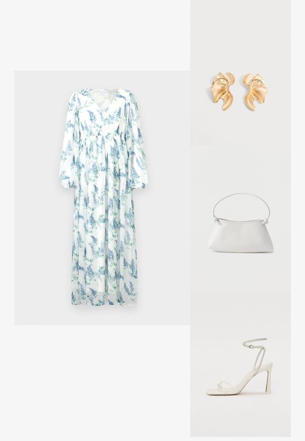 Robe longue et fluide en tissu transparent. Présente une base blanche avec des motifs floraux bleus, un décolleté en V et de longues manches amples.; Sandale à talon blanche avec une fine lanière de cheville et deux lanières à l'avant. Texture en cuir lisse avec un orteil carré et un talon brillant.; Sac à main en cuir tressé blanc avec poignée arrondie et extrémités de lanière nouées, présenté sur un fond uni.; Paire de boucles d'oreilles en métal doré brillant de forme abstraite avec un design courbé et froncé sur fond gris clair.
