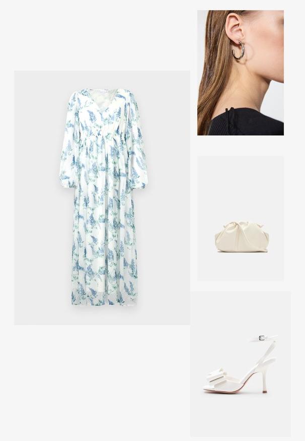 Robe longue et fluide en tissu transparent. Présente une base blanche avec des motifs floraux bleus, un décolleté en V et de longues manches amples.; Sandale blanche à talon haut avec bride à la cheville, bout ouvert et nœud décoratif sur la bride avant sur un fond uni.; Pochette en cuir souple couleur crème avec un design froncé et une fine bandoulière reposant à l’avant sur un fond uni.; Boucle d'oreille en argent avec une finition polie, présentant de petits détails en or et de forme ronde, portée sur le lobe.