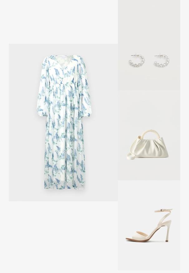 Robe longue et fluide en tissu transparent. Présente une base blanche avec des motifs floraux bleus, un décolleté en V et de longues manches amples.; Sandale à talon haut beige avec fine bride de cheville et boucle dorée, bout ouvert et talon aiguille élégant sur fond blanc.; Petit sac à main blanc avec un corps froncé, une poignée ronde ornée de perles et une bandoulière amovible sur un fond uni.; Boucles d'oreilles anneaux en argent incrustées de cristaux facettés clairs, avec attaches à tige et embouts transparents sur fond blanc.